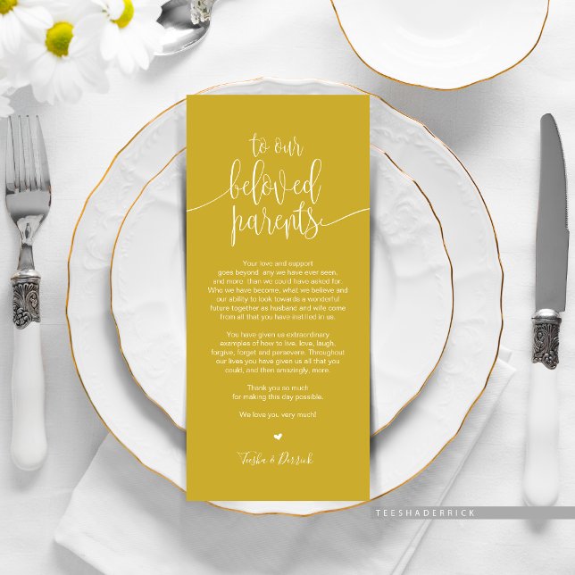 Place Setting Thank You Card for beloved Parents (Wedding Dinner or Elopement Brunch Place Setting Thank You Card, In Modern Mustard Yellow Gold)