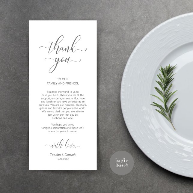 Place Setting Thank You, Elegant Dark Grey Card (Wedding Dinner Place Setting Thank You Card, Modern Classy Design, Dark Grey)