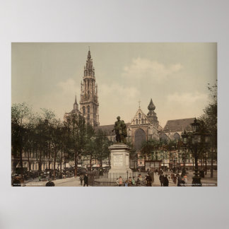 Place Verte and cathedral, Antwerp, Belgium Poster