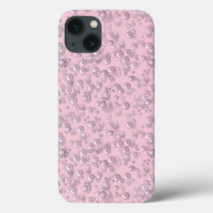 Placers of white-pink pearls on pink velvet iPhone 13 case