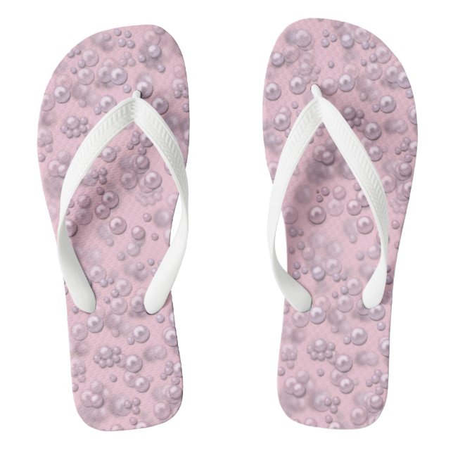 Placers of white-pink pearls on pink velvet flip flops (Footbed)