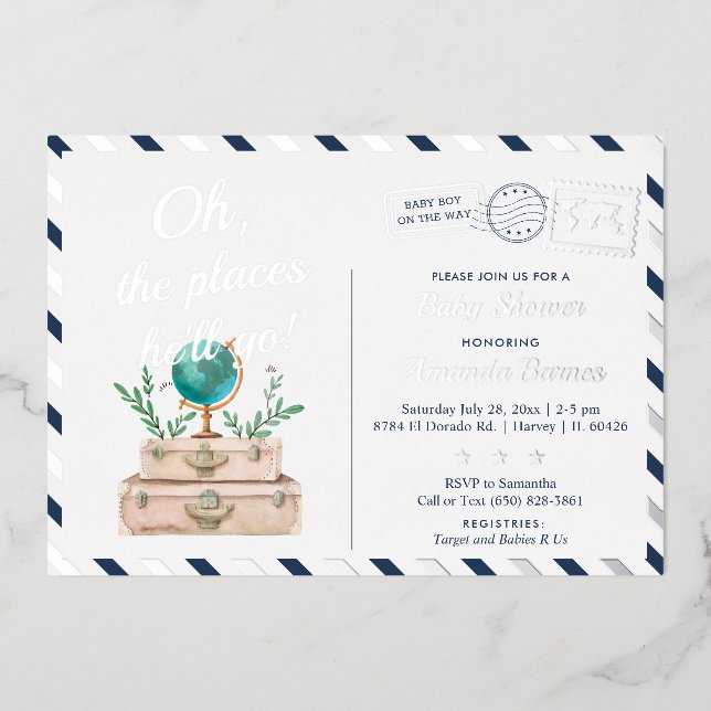 Places He'll Go Travel Baby Boy Navy Blue Silver (Front)