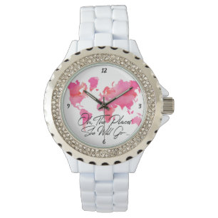 Places She Will Go Quote Pink Watercolor World Map Watch