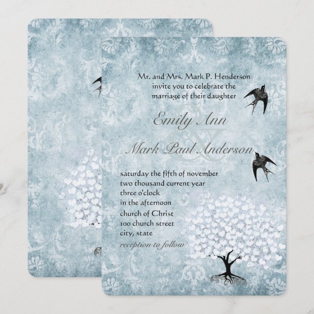 Placid Blue Damask Heart Leaf Aqua Tree Invitation (Front/Back)