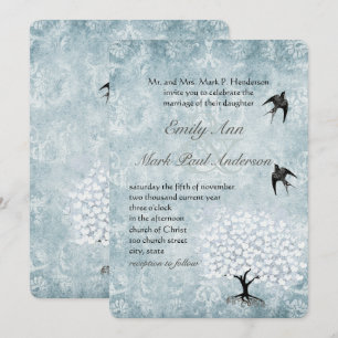 Placid Blue Damask Heart Leaf Aqua Tree Invitation