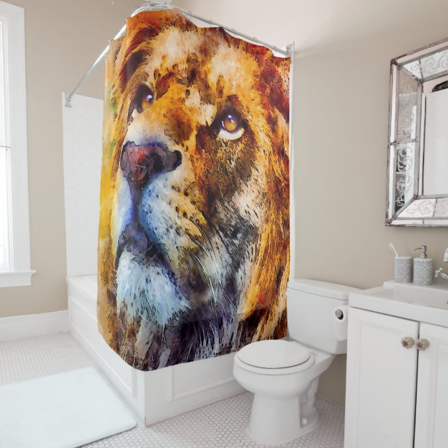 Placid Lion Face Shower Curtain (In Situ)