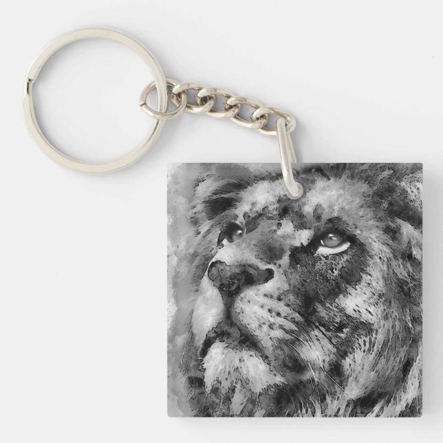 Placid Lion Face Silver Key Ring (Front)