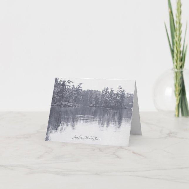 placid mountain lake landscape antique blue grey thank you card (Front)
