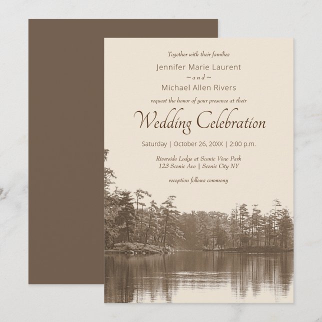 placid mountain lake landscape antique wedding invitation (Front/Back)