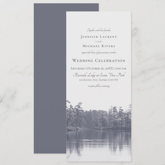 placid mountain lake landscape blue grey wedding invitation (Front/Back)