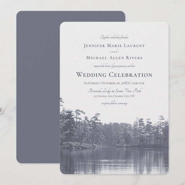 placid mountain lake landscape blue grey wedding invitation (Front/Back)