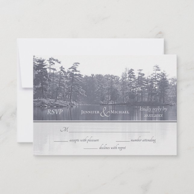 placid mountain lake landscape blue grey wedding RSVP card (Front)