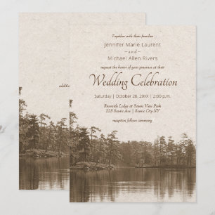 placid mountain lake landscape wedding invitation