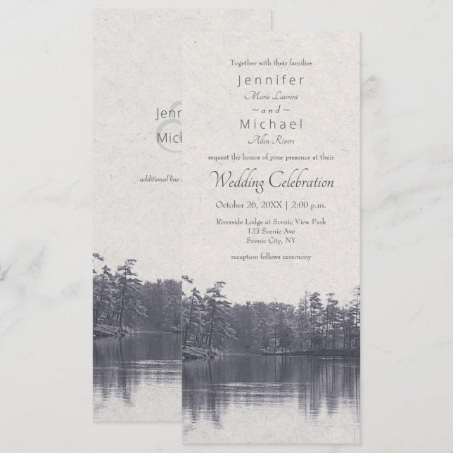 placid mountain lake vintage blue wedding invitation (Front/Back)