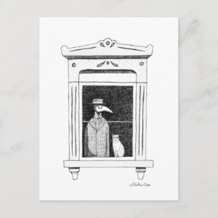 Plague Doctor with cat at a window Steampunk art Postcard