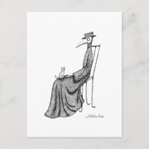 Plague Doctor with Cat sitting on a Chair Goth art Postcard