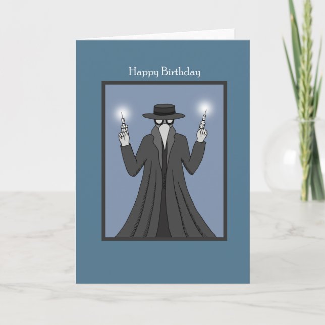 Plague Doctor with Vaccine Syringes Happy Birthday Card (Front)
