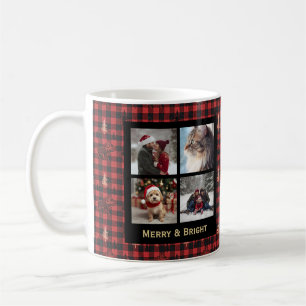 Plaid 4 Photo Christmas Red Black Rustic Chic  Coffee Mug
