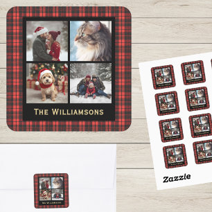 Plaid 4 Photo Christmas Red Black Rustic Chic  Square Sticker