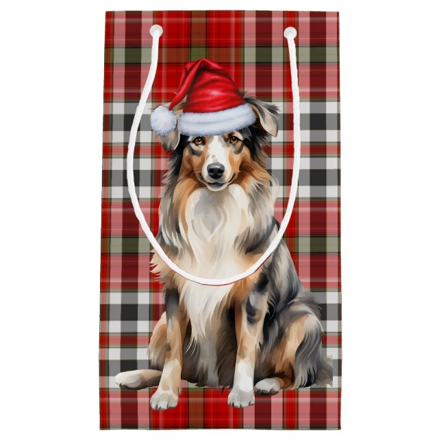 Plaid and an Australian Shepherd Christmas Dog Small Gift Bag (Front)