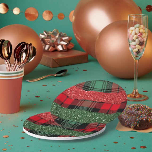 Plaid And Glitter 7" Round Paper Plate (Multi)
