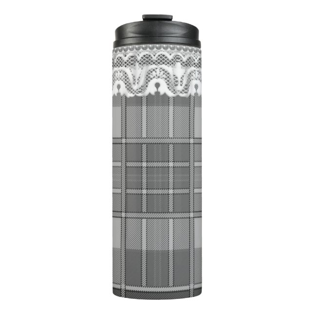 Plaid and lace black white grey cute girly thermal tumbler (Front)