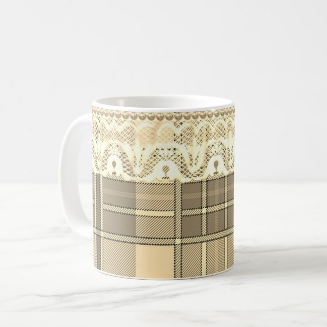 Plaid and lace gold and cream cute girly coffee mug (Front Left)