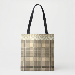 Plaid and lace gold and cream tote bag
