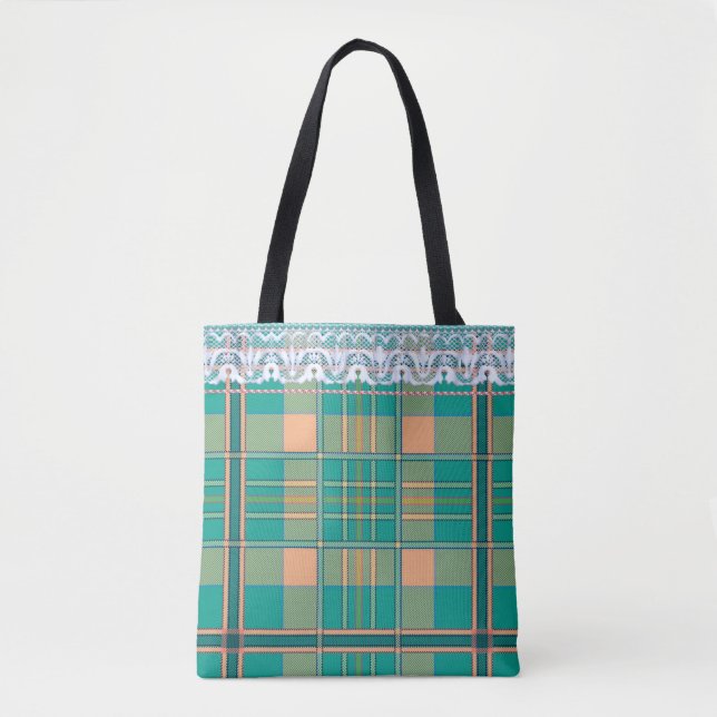 Plaid and lace green and peach tote (Front)