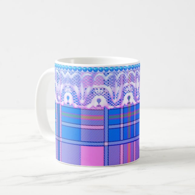 Plaid and lace purple blue pink cute girly coffee mug (Front Left)