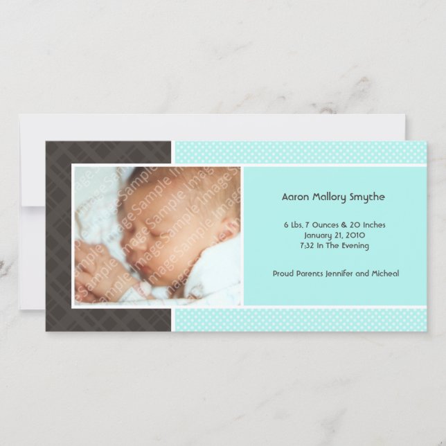 Plaid and Micro Dots Aqua New Baby Photo Cards (Front)