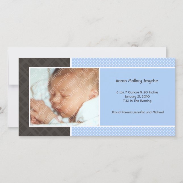 Plaid and Micro Dots Blue New Baby Photo Cards (Front)