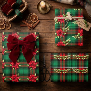 Plaid And Poinsettia Christmas Wrapping Paper Sheet