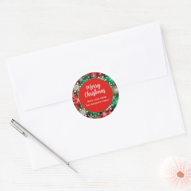 Plaid And Snowflakes Christmas Pattern 1 Classic Round Sticker (Envelope)