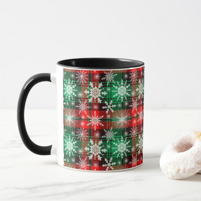 Plaid And Snowflakes Christmas Pattern 1 Mug (With Donut)