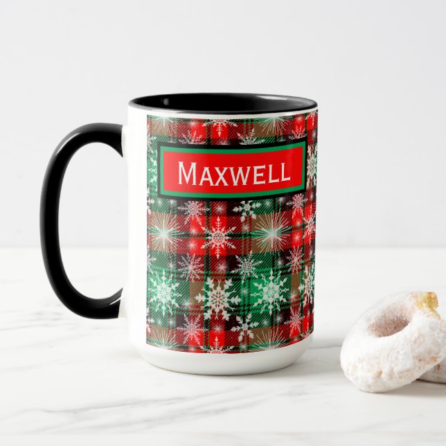 Plaid And Snowflakes Christmas Pattern 1 With Name Mug (With Donut)