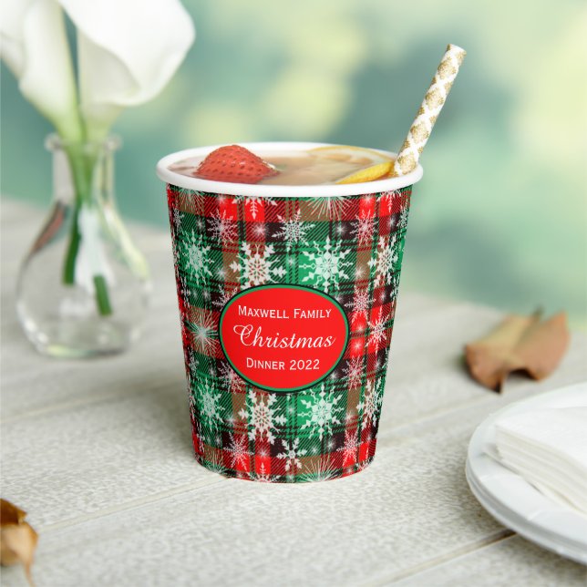 Plaid And Snowflakes Christmas Pattern 1 With Text Paper Cups (Insitu)
