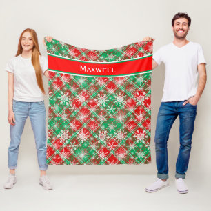 Plaid And Snowflakes Christmas Pattern 2 With Name Fleece Blanket