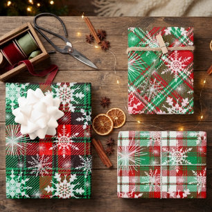 Plaid And Snowflakes Christmas Pattern Wrapping Paper Sheet