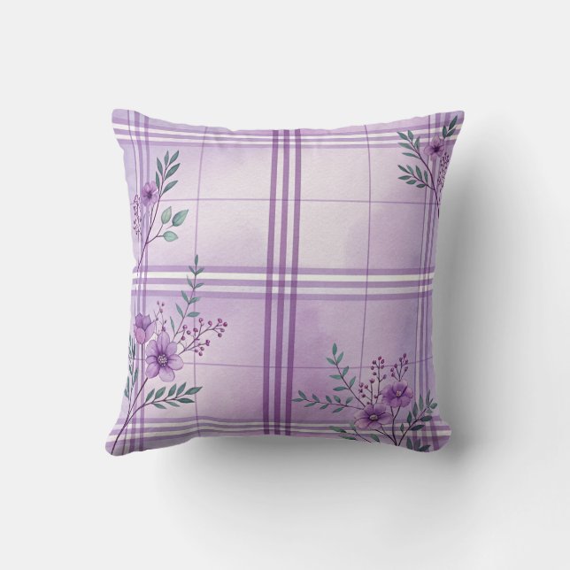 Plaid and Violets Purple Accent Throw Pillow (Back)