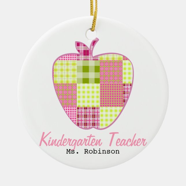 Plaid Apple Kindergarten Teacher Ceramic Tree Decoration (Front)
