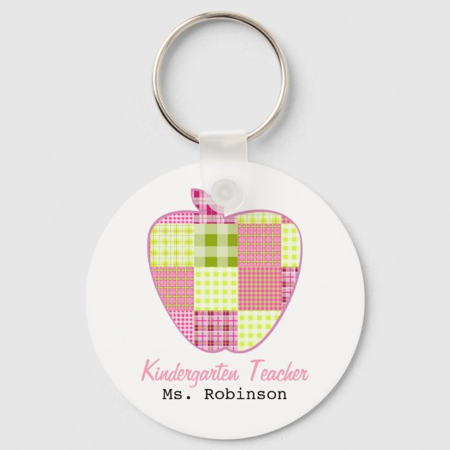 Plaid Apple Kindergarten Teacher Key Ring (Front)