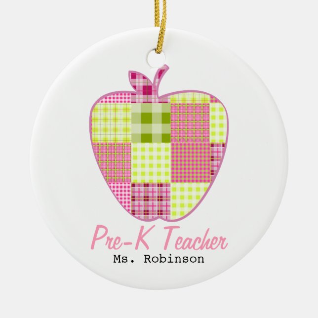 Plaid Apple Pre-K Teacher Ceramic Tree Decoration (Front)