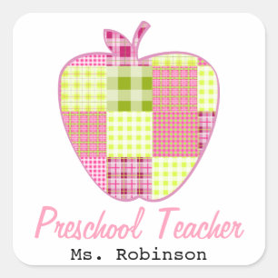 Plaid Apple Preschool Teacher Square Sticker