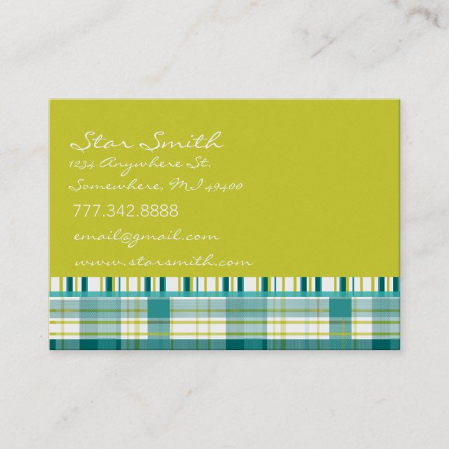 Plaid Aqua Blue and Lime with Stripes Business Card (Front)