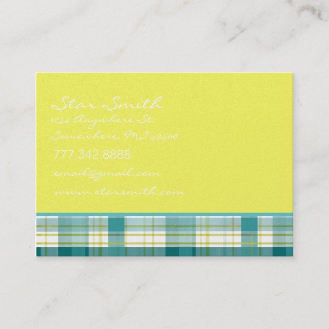 Plaid Aqua Turquoise Blue and Lime Business Card (Front)
