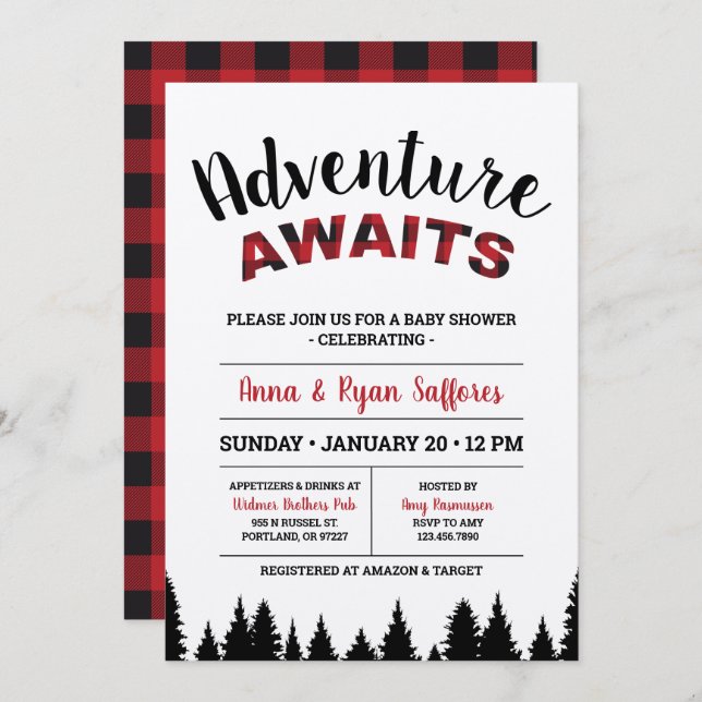 Plaid Baby Shower Invitation - Adventure Awaits (Front/Back)