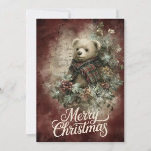 Plaid Bear & Poinsettia Wreath Holiday Card