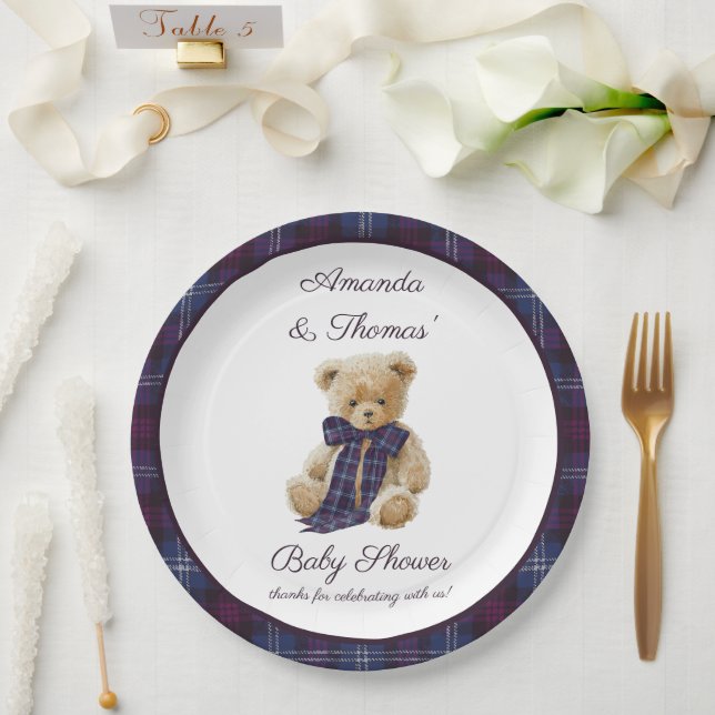 Plaid Bear Themed Baby Shower  Paper Plate (Wedding)