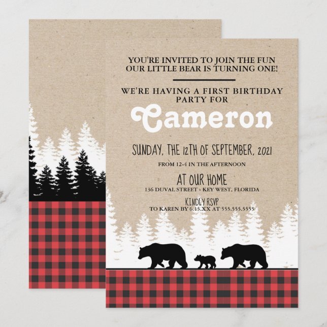Plaid Bears 1st Birthday Party Invitation (Front/Back)